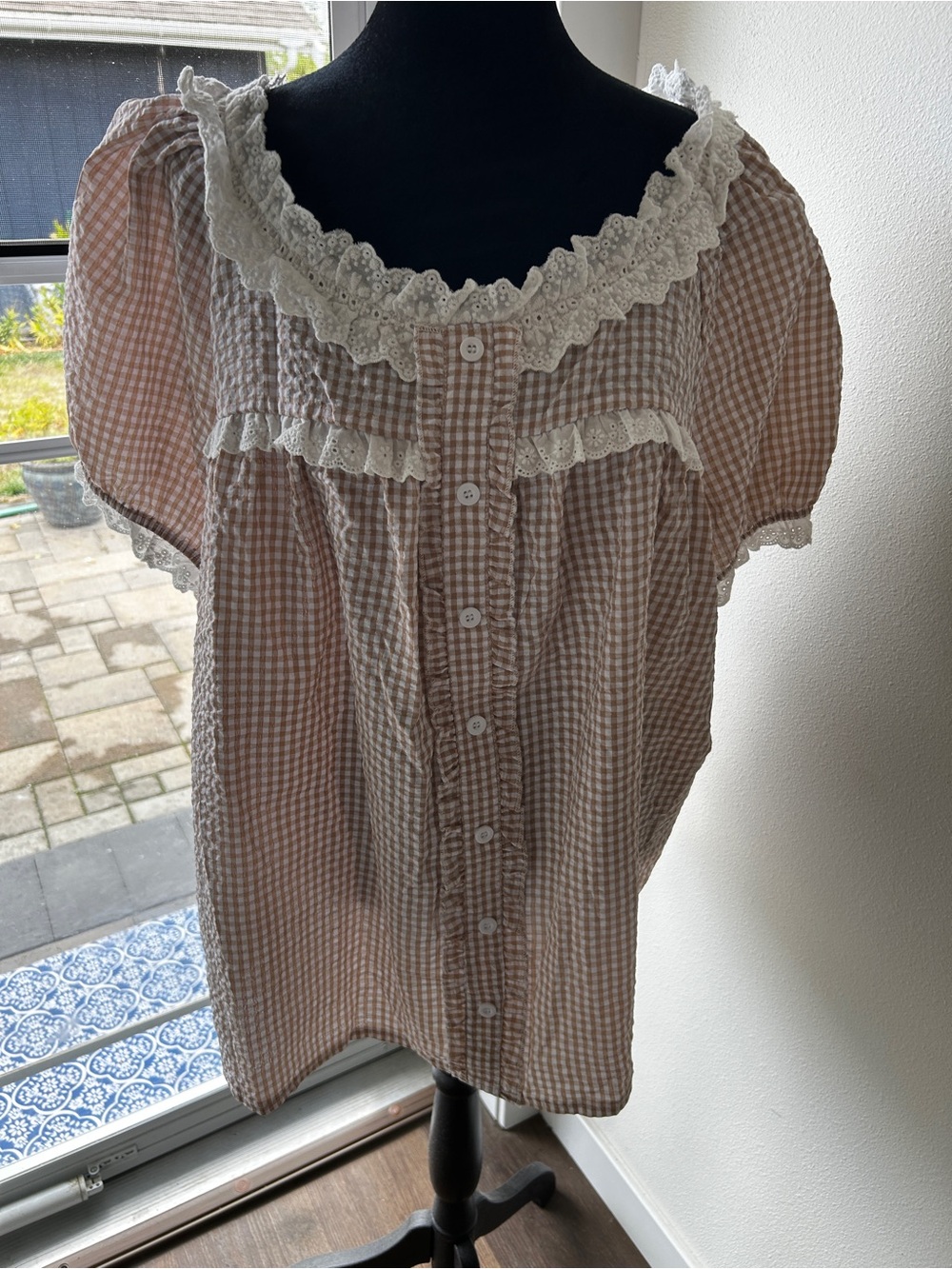 SHEIN Pink Gingham Lace-Trim Button-Up Blouse